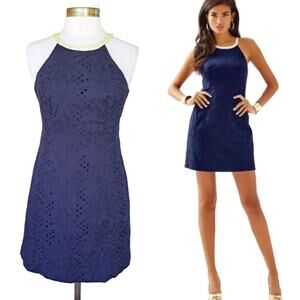 Lilly Pulitzer Pearl Jumbo Sunflower Eyelet Shift Dress Size 4 in True Navy